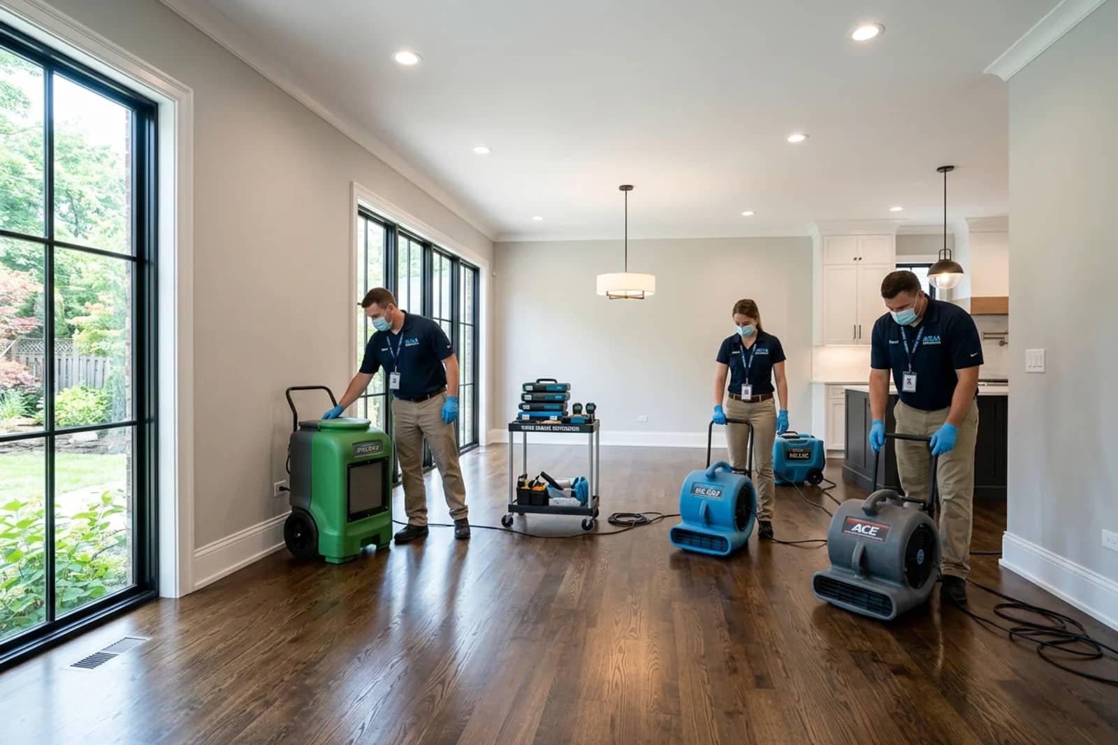 Professional water damage restoration and structural drying in a renovated residential home