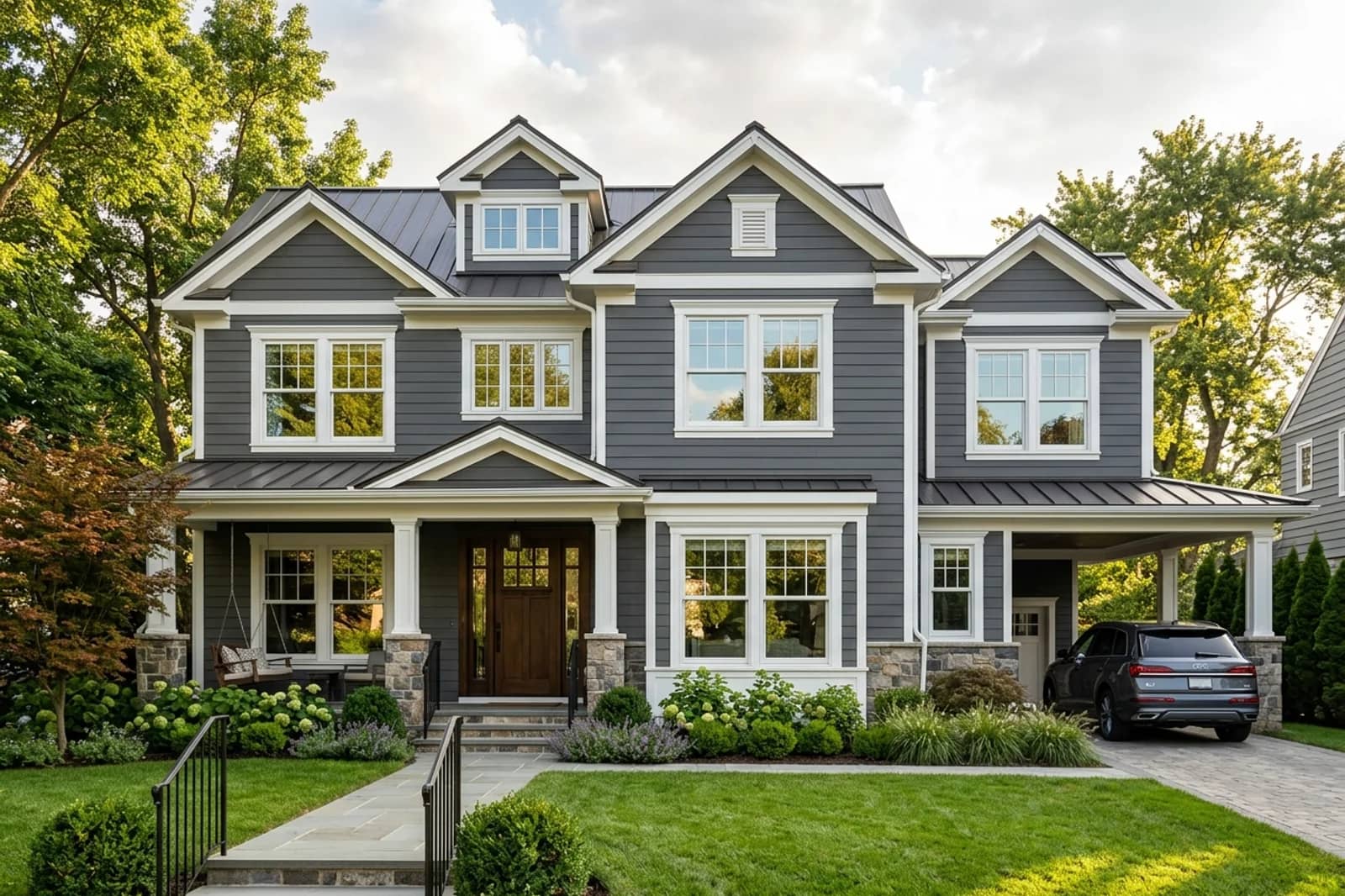Suburban home featuring modern premium replacement windows with crisp white trim
