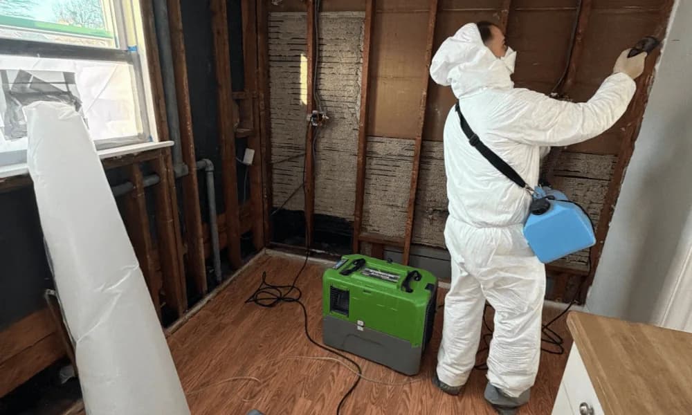 Worker in protective clothing beside an opened wall and restoration equipment