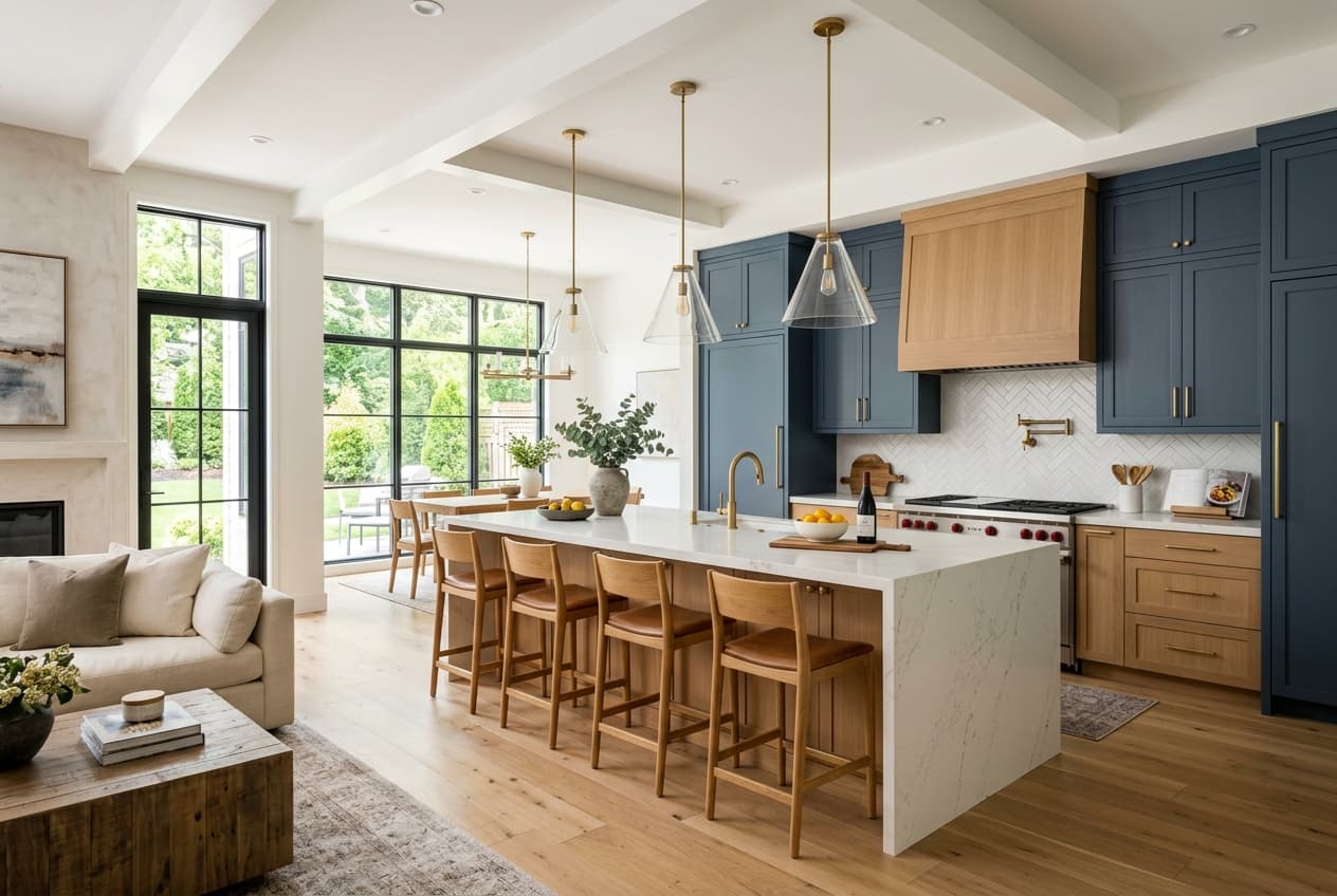 Remodeled open-concept kitchen and living interior featuring custom navy and oak cabinetry, quartz island, and hardwood floors