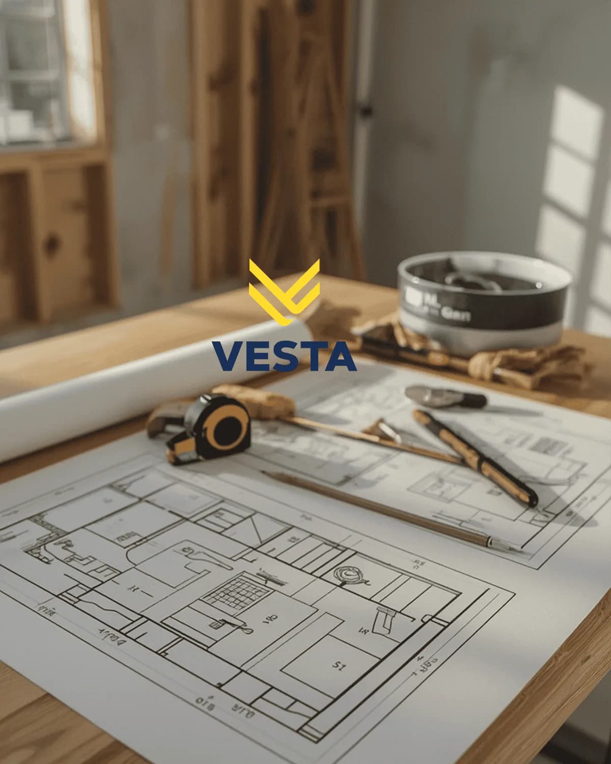 Vesta remodeling service image showing plans and renovation tools