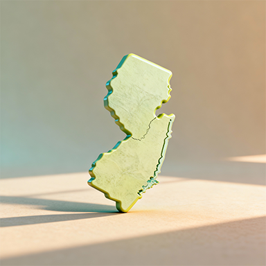 3D silhouette map of New Jersey in Vesta Remodeling brand colors