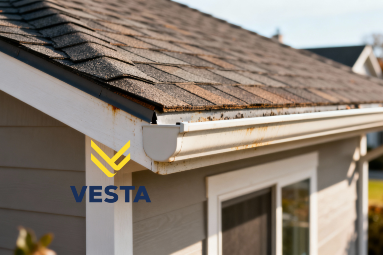 Roof shingles and gutters showing early signs of exterior wear during seasonal home maintenance