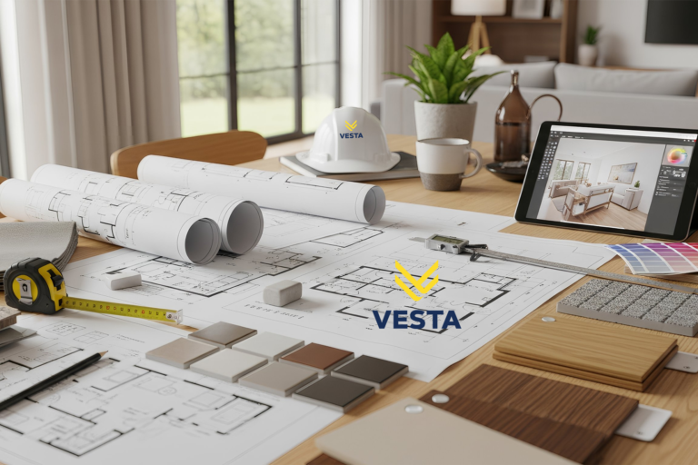 Home remodeling planning workspace with blueprints, material samples and renovation tools on a wooden table