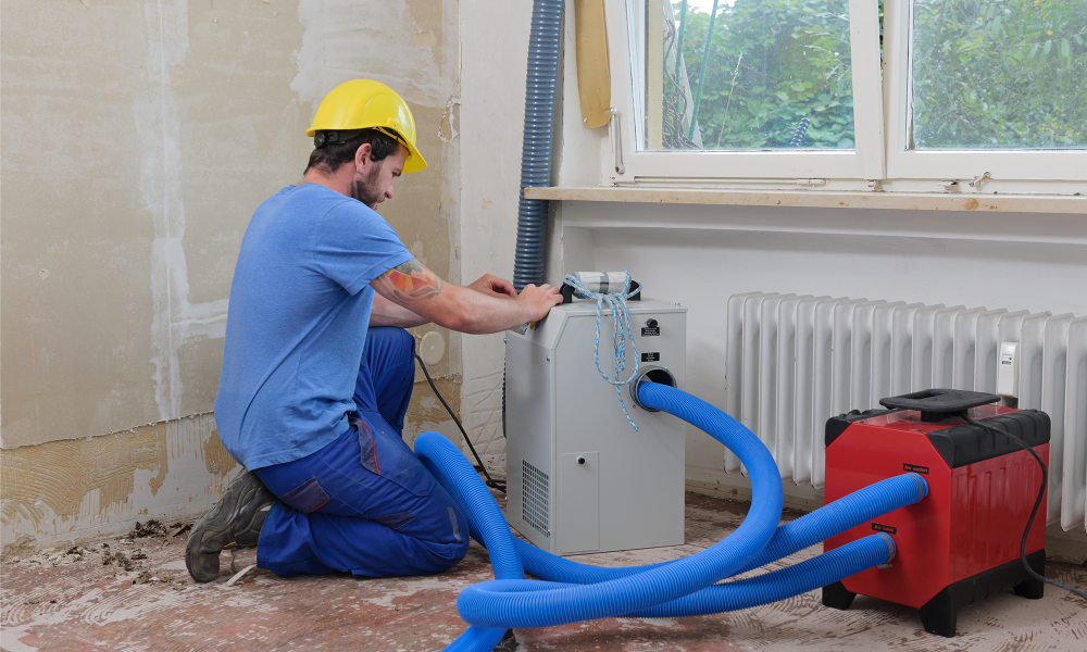Technician using water extraction equipment during residential water damage restoration in New Jersey