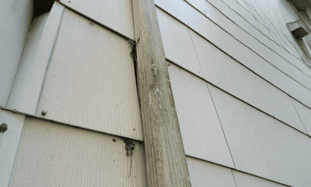Close up of damaged exterior siding before replacement during home remodeling in New Jersey by Vesta Remodeling