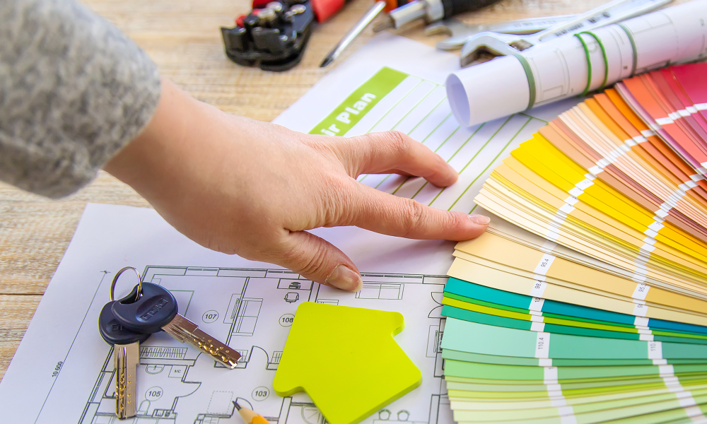 Interior remodeling design planning with color samples and material selections in New Jersey