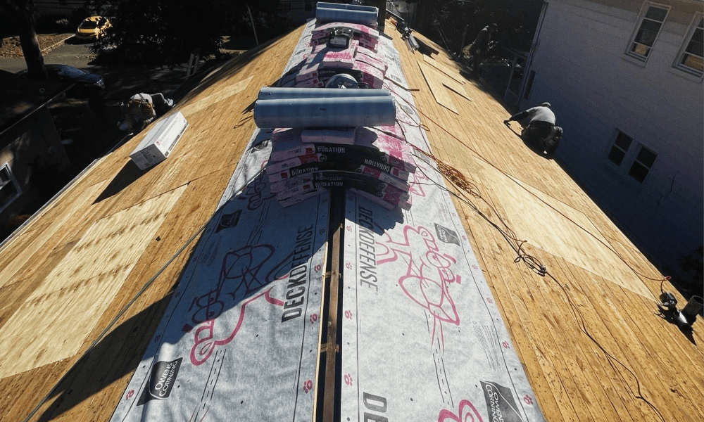 Residential roof underlayment installation during roofing project in New Jersey by Vesta Remodeling