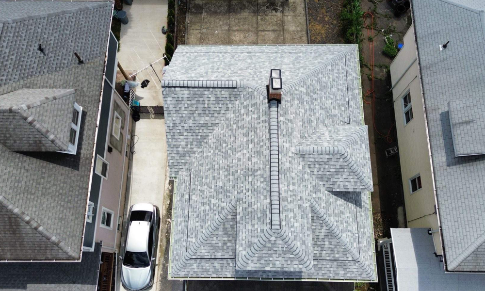Aerial view of completed residential asphalt shingle roofing project in New Jersey by Vesta Remodeling