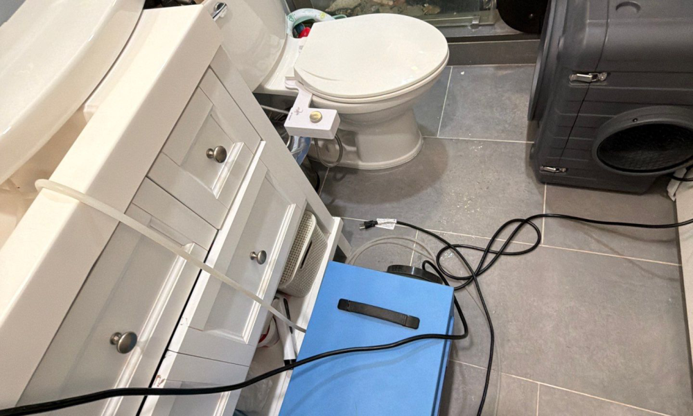 Water damage restoration process in New Jersey bathroom with professional drying equipment