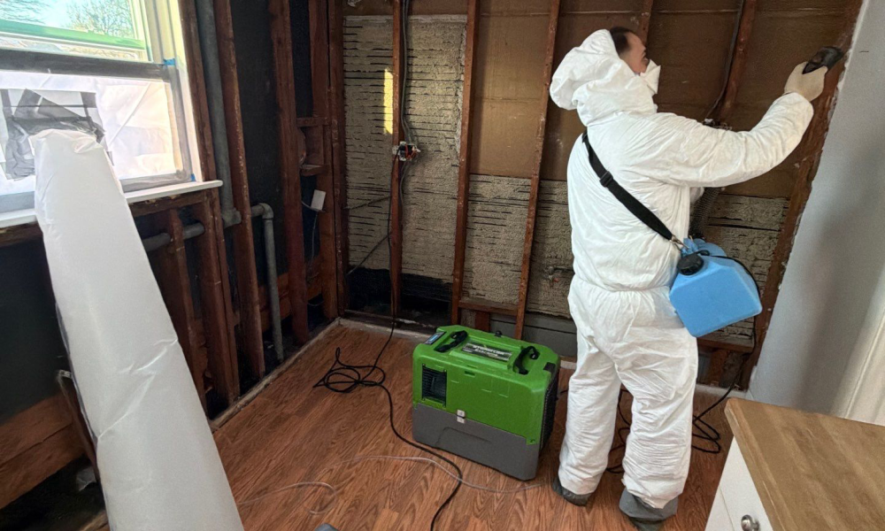 Water damage restoration in New Jersey living room with professional drying equipment